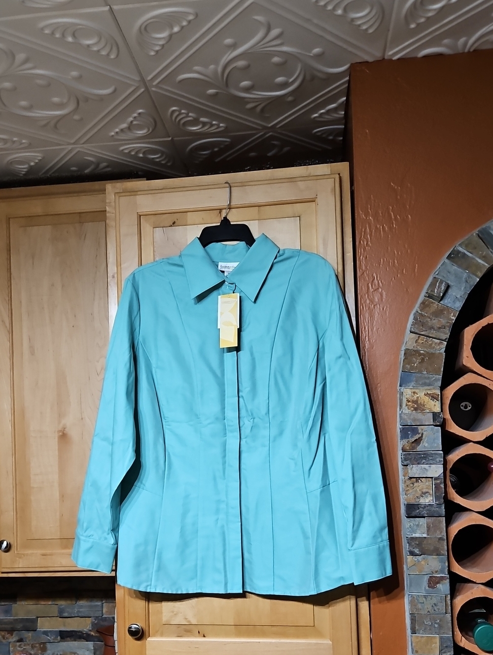 Coldwater Creek ReadyWear No Iron Green Pleated Button Up Long Sleeve Shirt Top